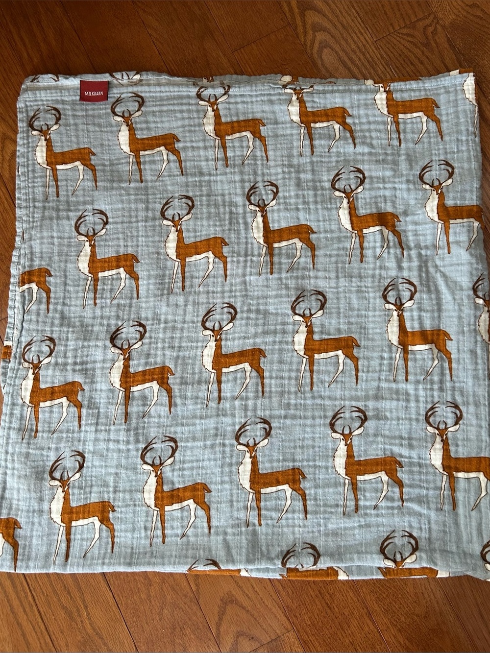Milkbarn Organic Cotton Muslin Buck Deer Swaddle Blanket -  Blue & Rust Brown